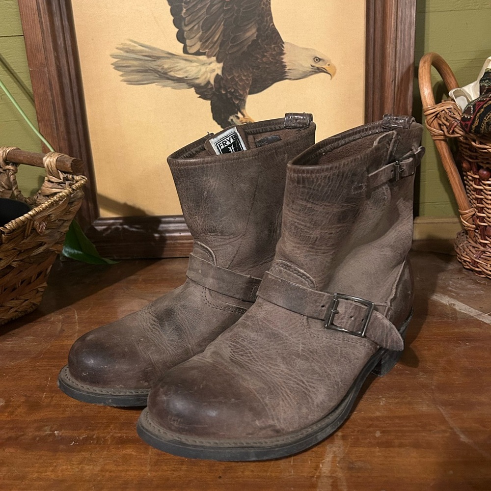 Frye Brown Heeled Boots with Strap Detail